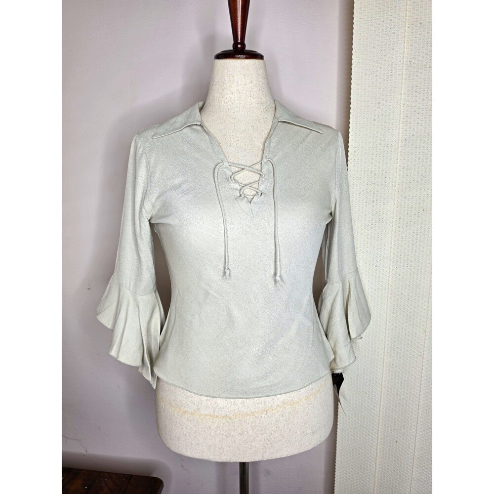 Anxiety Women’s Beige Lace-Up V-Neck Bell Sleeve Woven Blouse Size M